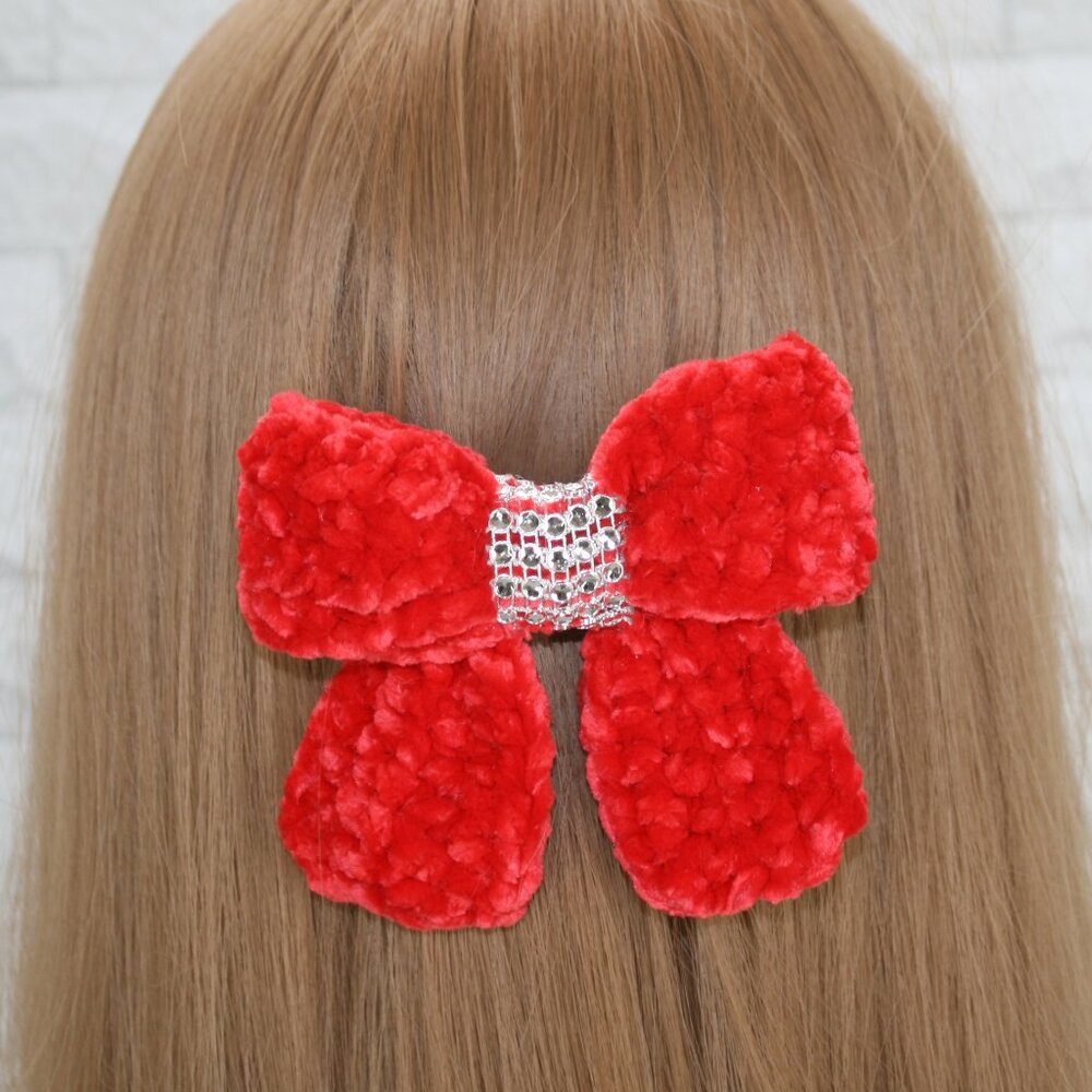 HAND CRAFTED Crochet Bow Chenille Velvet Hair Barrette Oversized Bling Red